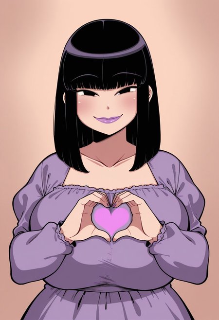 komusou, 1girl, solo, medium build, medium hair, sfw, safe for work, covered skin, flowy dress,  black eyes, purple lipgloss, smiling, portrait, upper body, heart hands, foreshortening, detailed, newest,