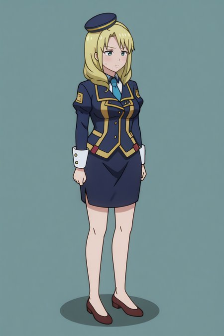 newest, full body, Elina Pitterson,  collared shirt, pencil skirt, sleeve cuffs, military uniform, jacket, long sleeves, hat <lora:Konosuba_Bakuen_-_Elina_Pitterson_-_illustrious:0.8>