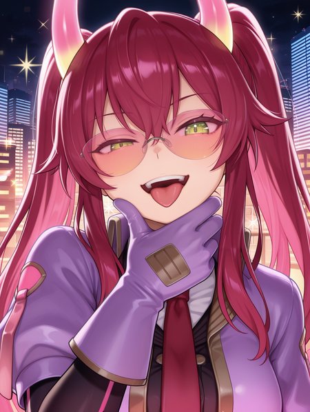evil twin ki-sikil,1girl,solo,smile,looking at viewer,upper body,grin,hand up,red necktie,hand on own chin,purple gloves,purple cropped jacket,orange-tinted eyewear,black bodystocking,phantom thief,brick wall,searchlight,half-closed eye,night,cityscape,on roof,sparkle,pink demon horn,tongue out,upper teeth only,twintails, 
masterpiece,best quality,amazing quality,very aesthetic,absurdres,newest,<lora:Evil Twin illuXL v1:0.7>,