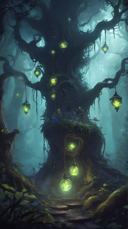 zPDXL3, score_9, score_8_up, score_7_up,  
Witch’s forest, swirling mist, glowing potions hanging from trees, dark undergrowth 