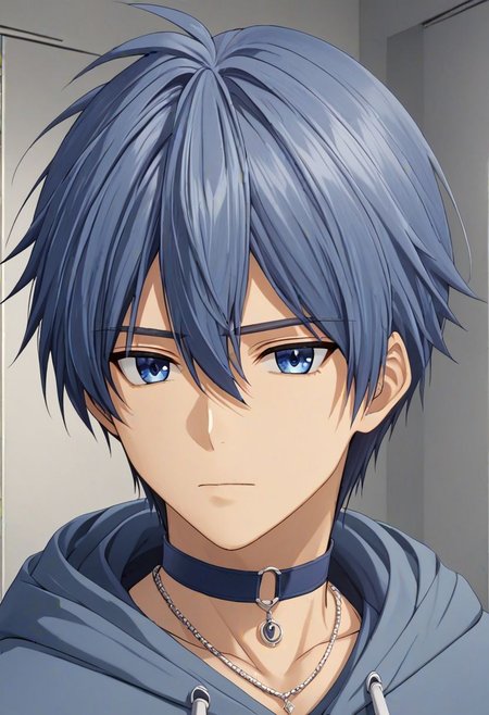 high resolution, solo, best quality, 1Boy, Tomoya Okazaki, Grey Blue Hair, bangs, necklace, choker, hair between eyes, Hoodie, OverallDetail