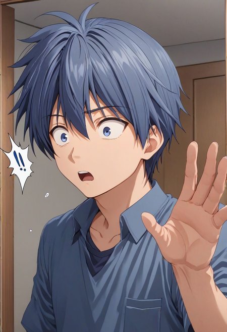 high resolution, solo, best quality, 1Boy, Tomoya Okazaki, Grey Blue Hair, surprised, peeking out, OverallDetail