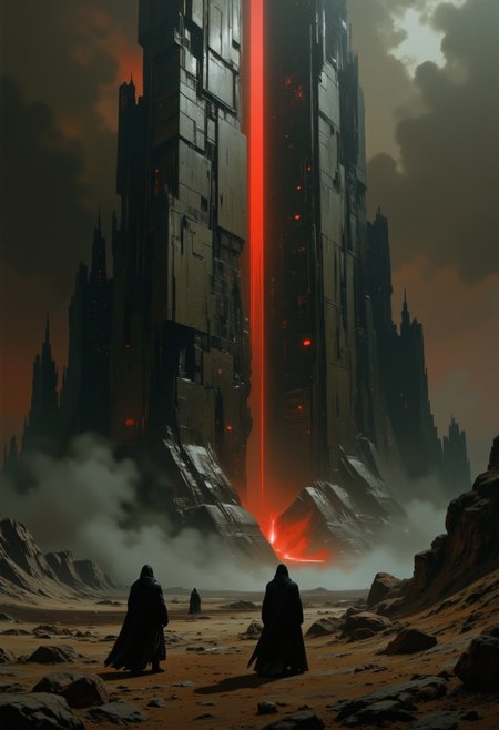 highest details, ultra hyper realism. highly detailed and realistic. intricate and highly professional artwork, an absolute masterpiece.
This is a digital painting with a very high aesthetic quality, depicting a desolate, otherworldly landscape. The scene features three towering, monolithic pillars, each with glowing, red, vertical light streaks near their tops. The pillars are surrounded by a barren, rocky terrain with scattered, dark figures resembling robed monks or figures in hooded cloaks. The sky is dark and foreboding, with a smoky, misty atmosphere. The lighting is dim, creating a haunting, eerie ambiance. The camera angle is low, emphasizing the grandeur of the pillars and the vastness of the landscape. The overall color palette is muted with dominant shades of grey, brown, and red.
