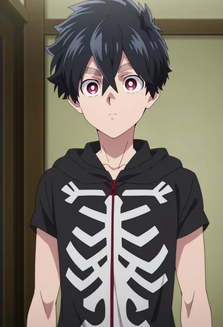 masterpiece, best quality, , anime screencap, anime coloring, official style, , 1boy, solo, male focus, <lora:kabane_kusaka_ilxl:0.96>, kabane_kusaka, black hair, red eyes, short hair, hair between eyes, kusaka kabane, , ,