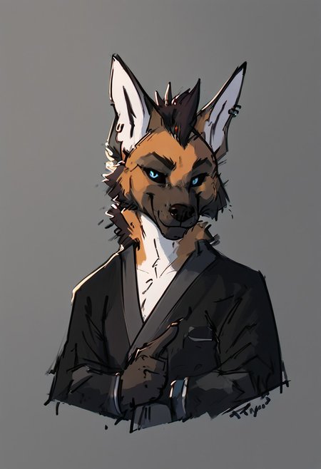 score_9, score_8_up, score_7_up, score_6_up, (maned wolf, male), solo, anthro, dark grey background, dim lighting, side lighting, pointing, looking left, smirk, (head tilt), portrait, waist-up, skinny, clothed, kemono, eastern clothing, dark clothing, sideburns, dark hair, black sclera, blue eyes, black mohawk mane, face piercings, ear piercings, wintertide