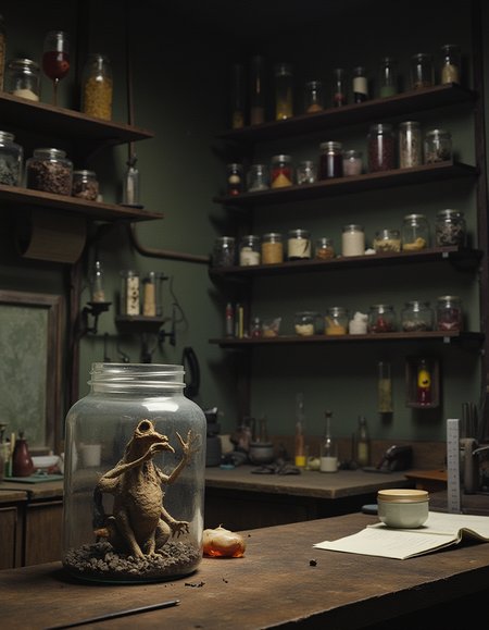 closeup photo monsters in a jar. Small but frightening and fierce creatures in the dark laboratory of a human mad scientist from 1955,  orderly but full shelves line the walls with inscrutable tools and jars and test tubes filled with odd colored fluids and small alien objects. Jar of monsters in the foreground and lab space in the background. 