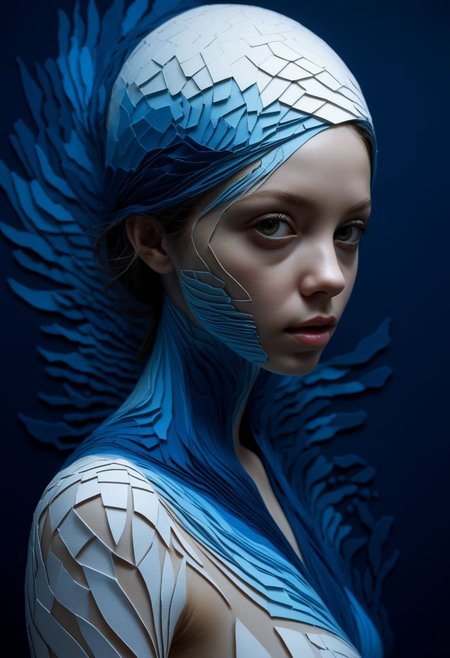 layered papercut, mysterious face, a exotic girl in artsy clothing, fading backlit background, (deep sea fading white to deep blue), alluring goddess, by Minjae Lee, Carne Griffiths, Emily Kell, Steve McCurry, Geoffroy Thoorens, Aaron Horkey, Jordan Grimmer, Greg Rutkowski, amazing depth, double exposure, surreal, geometric patterns, intricately detailed, bokeh,  perfect balanced, deep fine borders, artistic photorealism , smooth,  great masterwork by Suiras  <lora:add-detail-xl:2>  <lora:Double_Exposure:0.5>