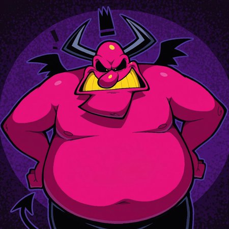 1boy, 2d, solo, ABSatan, demon, big nose, male, bald, dark pink skin, black horns, black sclera, yellow eyes, yellow teeth, small black wings, black fingernails, black tail, black legs, black lower body, plump body, overweight male, floating black crown,

BREAK irritated, looking at viewer, fists on hips, abstract background, upper body focus

BREAK best quality, amazing quality, very aesthetic, absurdres, newest, masterpiece 