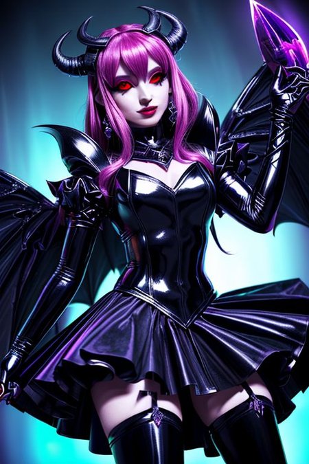 MEvil, DemonicT, EvlSM, Bad_End_Precure, DarkPrecure, adult, evil corrupted princess wearing dark pastel (ruffled:1) (gleaming latex:1)  gown with (long latex cape:1) and latex gauntlets, soft lighting, ruffles,
(makeup, lipstick, mascara, eyeshadow),
(blue skin, black sclera, colored sclera, colored skin, yellow eyes, demon wings, demon horns, slit pupils),
(red eyes, colored skin, glowing eyes, evil smile:1),
<lora:more_details:0.5>,