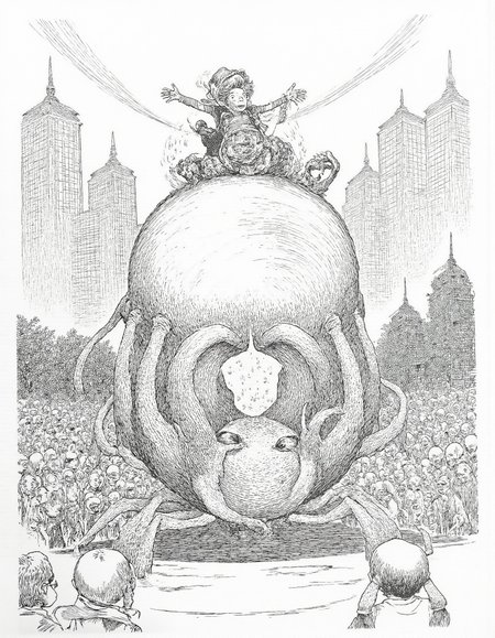<lora:mig4v:1>, This black-and-white drawing, likely created using pen and ink, depicts a fantastical scene filled with whimsical and grotesque elements. At the center of the image is a large, monstrous creature resembling a cross between a crab and a dragon, with multiple legs and a bulbous, segmented body. The creature's texture is detailed with intricate lines and shading, giving it a rough, scaly appearance. 
Perched on top of the creature is a small child, who appears to be having fun despite the monstrous surroundings. The child, with a wide-eyed expression, is wearing a striped shirt and a hat, adding a touch of normalcy amidst the chaos. The child's legs are splayed, and they appear to be holding onto the creature's back.
Surrounding the scene are a group of onlookers, who are watching the child and the creature with a mix of curiosity and fear. The onlookers are drawn in a simple, cartoonish style, with exaggerated facial expressions and basic outlines. The background features a cityscape with tall, blocky buildings, suggesting an urban setting. The overall mood of the drawing is whimsical and surreal, blending elements of horror and fantasy.