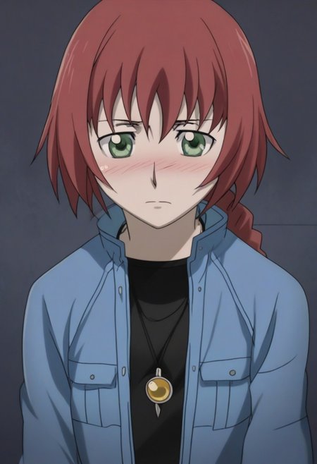 score_9, score_8_up, score_7_up, source_anime, expressive, anime, Artist speedlines, dynamic, D4RK3RTH4NBL4CK, DTB_Style, 1girl, suou,solo, red hair, green eyes, jewelry, anime coloring, necklace, long hair, braid, single braid, jacket, blue jacket, pendant, looking at viewer, cowboy shot, blush, blushing, embarrassed, dark background, Artist style:komori_takahiro