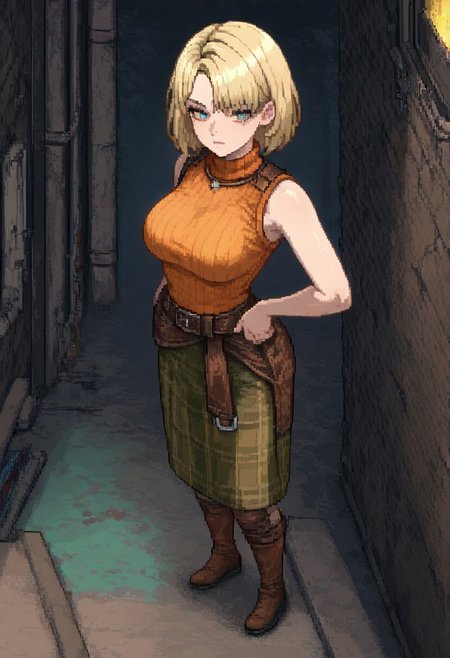 masterpiece, best quality, newest, absurdres, highres, PCSVIL-V1.0, pixel art, 1girl, ashley graham (resident evil), blonde, orange shirt, blonde hair, orange sweater, 
sleeveless, sleeveless sweater, sleeveless tutrleneck, turtleneck, short hair, curtained hair,