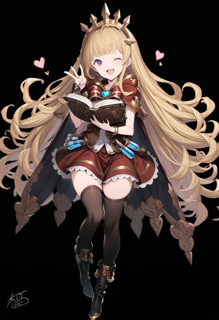 masterpiece, best quality, ultra-detailed, beautiful, nai3, 1girl, solo, full_body, tachi-e, 
cagliostro \(granblue fantasy\), 1girl, ;d, arm guards, black footwear, black thighhighs, blonde hair, blunt bangs, blush, book, boots, bracelet, cape, full body, glowing, heart, holding, holding book, jewelry, knee boots, knees together feet apart, liquid, long hair, looking at viewer, one eye closed, open book, open mouth, purple eyes, red ribbon, red skirt, ribbon, signature, simple background, skirt, smile, solo, test tube, thighhighs, v, very long hair, white background