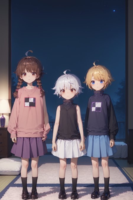 score_9,score_8_up,score_7_up,high quality,masterpiece,perfect dim light,3 young teenage girls standing in a japanese bedroom((3girls)),night,carpet,girls are facing the viewer,
BREAK madotsuki,pink sweater,twin braids,braids,brown hair,purple skirt,(brown eyes),<lora:madotsuki-ponyxl-lora-nochekaiser:1>,
BREAK short hair, white hair, sleeveless, sleeveless turtleneck,white skirt,red eyes,tall,<lora:Sabitsuki:1> ,
BREAK short hair, skirt, blonde hair, purple turtleneck,light blue skirt,blue eyes,black sleeves,<lora:Urotsuki:1>,