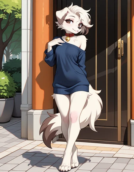 masterpiece, best quality, very aesthetic, absurdres,
outdoors, casual, 
full body, standing, posing, 
seductive smile, parted lips, long eyelashes,
 <lora:Infi_v01_NAIXL:1>,
1nf1,1girl,solo,furry,furry female,dog girl,dog ears,short hair,white hair,brown eyes,snout,animal nose,collar,neck bell,body fur,white fur,dog tail,