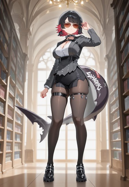 lazypos, 1girl, solo, thick thighs, skindentation, cleavage, full body, (sagging breasts:0.6),

tuxedo, library, aviator glasses, dynamic pose, indoors, 

zellen joe, ellen joe, shark girl, shark tail, black tail, mole, mole under eye, short hair, two-tone hair, multicolored hair, colored inner hair, black hair, red hair, red eyes, large breasts,