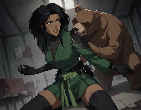 score_9, score_8_up, score_7_up, face focus, extreme closeup, detailed face, 1girl, woman, a mature female, (tall slim athletic female:1.3), skinny, dark-skinned female, black hair, (Pretending to hug a teddy bear), 
gloves, thighhighs, japanese clothes, black gloves, black thighhighs, green kimono, bodysuit, belt,
(abandoned warehouse, industrial),
ch3shire,
 <lora:ch3shire:1>,
 <lora:Blacklight_XL:0.5> blacklight,
 <lora:- SDXL - vanta-black_contrast_V3.0:0.5>,
 <lora:Concept Art DarkSide Style LoRA_Pony XL v6:0.5>, low light,
