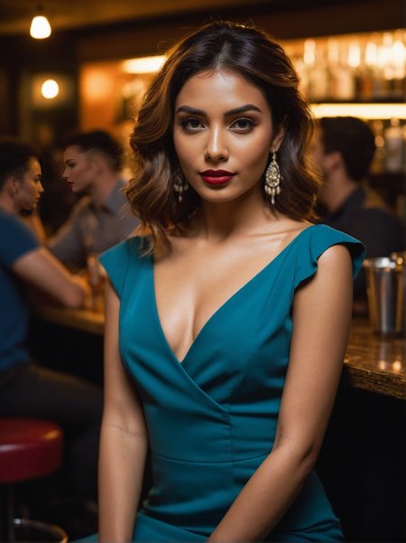 A dynamic cinematic photograph of Anna_Bianchi_P_MXAI_SDXL , happy expression, wearing an elegant cocktail dress, sitting on a barstool in a crowded cocktail bar, ((full body shot)), low angle shot, shot from the side,  PA7_Portrait-FL, SK_CINEMATIC, ziprealism