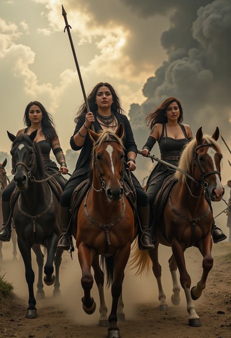 four beautiful women on horses representing the four horsemen of the apocalypse. A dystopian scene as the women ride the horses.