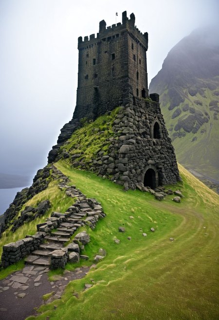 <lora:TheWeirdies_epoch_10:0.55>  , advntr , epiCPhotoGasm-colorfulPhoto, 
score_9, score_8_up, score_7_up, score_6_up
Durlag's Tower was a large tower that was said to be haunted by a powerful entity, as well as one that housed immeasurable treasure. The fortress was located south of the Wood of Sharp Teeth, a couple of miles from the small settlement of Gullykin. The tower was built entirely of volcanic stone and was in fair condition given the amount of time and neglect involved. It laid atop a volcanic plug that dominated the surrounding lands. Durlag Trollkiller, aided by hired dwarves, was said to have hollowed out the mountain for the rock that made up his tower and used the space created to hide further treasure. This local landmark was the isolated keep of Durlag Trollkiller, son of Bolhur the Clanless, (((massive hairy chode))), a dwarven hero said to have amassed a large quantity of treasure and stored it here and in a few other locations. This treasure was protected by all manner of magical wards and mechanical traps, the latter of Durlag's own devising. Many adventurers sought his treasure over the decades, with varying degrees of success. Around 1372 DR, rumors said a fiend had taken up residence within the remains of the tower and used the defenses created by Durlag to keep both itself and the treasure safe. Some claimed that this creature was a lich.
no humans