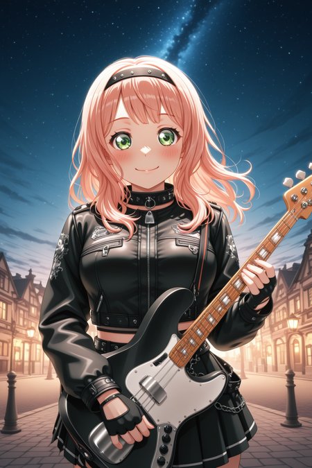 masterpiece, best quality, amazing quality, 1girl, solo, makeup, general, looking at viewer, cowboy shot, blush, smile, playful pose, european street, sky, dynamic angle, bass guitar, holding instrument, playing instrument, starry, energetic pose, midriff, dynamic performance, <lora:Uehara_Himari_Ban_Dori:1>, Uehara_Himari_Ban_Dori, green eyes, pink hair, long hair, breasts, punk fashion, black jacket, pleated skirt, fingerless gloves, hairband ribbon, youthful energy, <lora:wai-2Rectified-V140:1>, <lora:illustrious_noobai_epsilon_pred_1_masterpieces_v1:1>