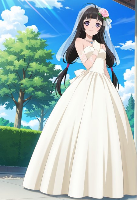 light smile, blush, hand on chest,
full body, dynamic angle, from below,
BREAK,
<lora:kohak_illustriousXL_v03:1>
kohakrnd, black hair, purple eyes, blunt bangs, ahoge, low tied hair, bridal veil, twintails, very long hair, 
kohakwed, lace, wedding dress, sleeveless, bare shoulders, translucent armwear, white gloves, laces, necklace, hair rose,, source_anime, very aesthetic, anime coloring, masterpiece, 
best quality, amazing quality, ultra detailed, very aesthetic, 
detailed background, 
BREAK,, street, trees, clouds, day,