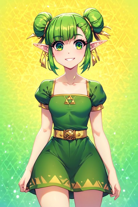 score_9, score_8_up, score_8, medium breasts, (curvy), cute, eyelashes,       BREAK, , zzFarore, green eyes, green hair, double bun, pointy ears,  bangs, green dress, collarbone, short sleeves  <lora:Farore_Zelda_PDXL:0.5>, , BREAK, smile, looking at viewer, cowboy shot, embedding:zPDXL, Expressiveh, <lora:PrismaIllya_PDXL_v3:1.0>,  <lora:SDXLFaeTastic2400:0.5>,  <lora:Expressive_H-000001:0.4>,