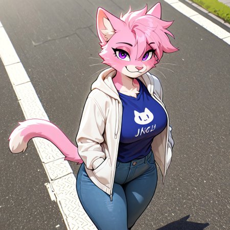 masterpiece, best quality, newest, absurdres, highres, furry, perfect anatomy, J4n4,1girl,solo,furry,furry female,cat girl,cat ears,purple eyes,animal nose,whiskers,body fur,two-tone fur,pink fur,white fur, blue shirt, white jacket, blue pants, denim, road, walking, standing, looking at viewer, talking, happy, smiling,