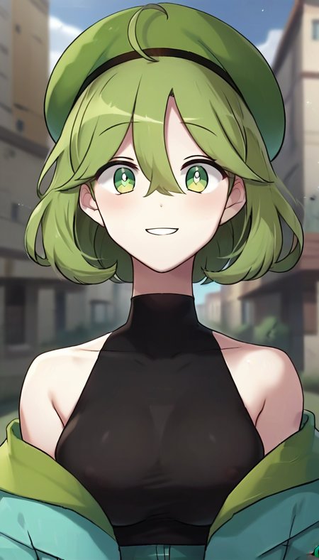 score_9,score_8_up,score_7_up,score_6_up BREAK official art,1girl,solo,outdoors,upper body,(portrait:1.5),looking at viewer,facing viewer,smile,blush,Zombie,beret,green headwear,ahoge,medium hair,green hair,hair between eyes,parted bangs,green eyes,bright pupils,bare shoulders,collarbone,off shoulder,green jacket,open jacket,black shirt,turtleneck shirt,sleeveless shirt,large breasts,skindentation,miniskirt,green skirt,pleated skirt,black thighhighs,zettai ryouiki,sneakers,<lora:Zombie(Bubble Planet)-Pony:1.4>,<lora:Creeper(Bubble Planet)-Pony:0.9>,