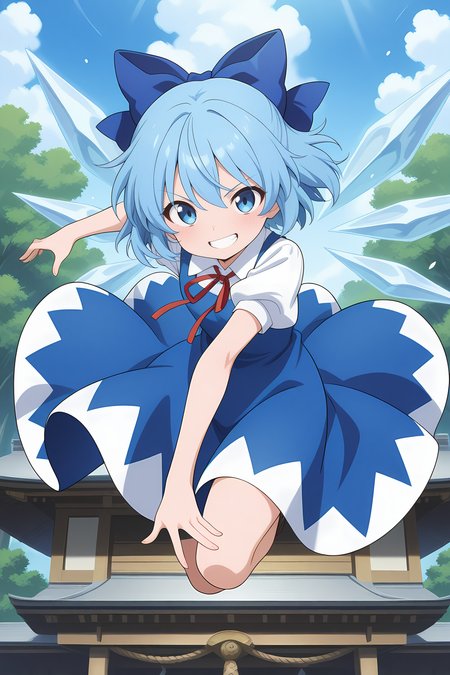 absurdres, highres, masterpiece, best quality, amazing quality, official anime artwork, screencap, anime screencap, outdoors, looking at viewer, grin, midair, dynamic pose, fighting stance, flying, ice danmaku, shrine, 
 <lora:Cirno_Illustrious:1> cirno, 1girl, solo, blue eyes, blue hair, short hair, ice wings, ice,, bow, hair bow, dress, blue dress, short sleeves, blue bow, puffy sleeves, red ribbon,
