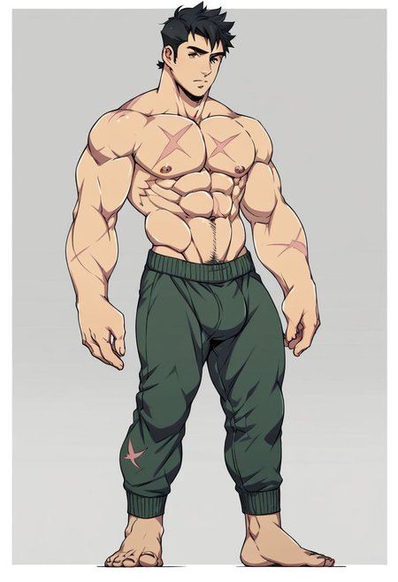 score_9, score_8_up, score_7_up, score_6_up, score_5_up, score_4_up,1BOY,MALE FOCUS,SOLO,MUSCULAR,MUSCULAR MALE,PECTORALS,ABS,SCAR,BLACK HAIR,ANIBODY,FULL BODY,BESIDE