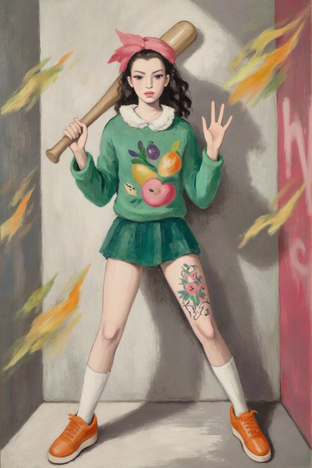 malau1 painting .
Full body, liquid splash, cartoonish juicy fruits chaos, dynamic pose, dynamic camera, a fashion shoot, an illustration of a young woman threateningly holding a baseball bat in her hands, full body tattoo, wearing green short sweater, miniskirt, knee socks, orange sneakers, aggressive facial expression, wall with graffiti in the background,  <lora:malau1_cap_d6a3e12:1.0><lora:825096856028700685:0>