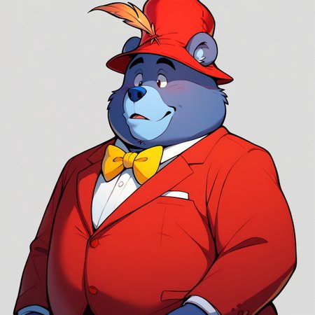 tummigummixl, cartoon, score_9, score_8_up, score_7_up, high quality, anthro, solo, male focus, bear, overweight, plump face, red tuxedo, red cap with feather, yellow bowtie, cowboy shot