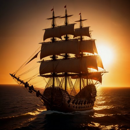 An Spanish galleon on the high seas. Sunset. Backlit. Lens flare. Sails glowing with illumination from behind.

<lora:LensFlare01a_CE_XL_300-OT:0.4> lnsflrCE_style
