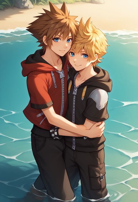 score_9, score_8_up, source_anime, highly detailed, 2boys,
sora, spiked hair, male focus, 1boy, brown hair, blue eyes, zipper, hoodie, BREAK
roxas, 1boy, zipper, male focus, spiked hair, blue eyes, blonde hair, pants, short sleeves, zipper pull tab, 
indoor, outdoor, beach, bare foot, hug, smile, foot in water,