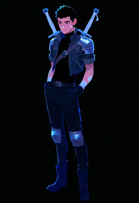 masterpiece, best quality, good quality, newest, very awa, 
solo, simple background, shirt, black hair, gloves, 1boy, standing, jacket, full body, weapon, short sleeves, male focus, boots, open clothes, black gloves, belt, pants, grey background, black footwear, armor, black shirt, turtleneck, scar, bandages, black pants, shoulder armor, bandaid, scar on face, hands in pockets, bandaid on face, knee pads, weapon on back,
