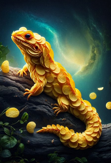 a cute salamander sitting on an apple. made out of potato chips, p1nkch1ps, enhanced textures, creative, beautiful, vibrant, masterpiece, 8k, Ultra HD, amazing details, amazing quality, amazing artist, sharp edges, detailed textures, full view, atmospheric lighting, amazing visuals