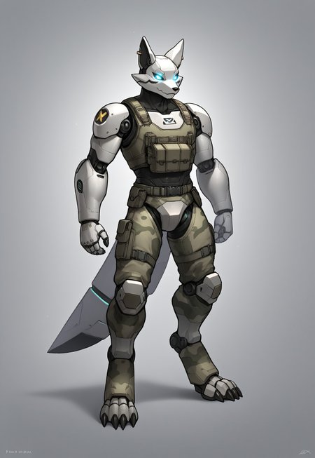  tactical harness, score_9, score_8_up, score_7_up, score_6_up, score_5,, digitigrade, full body shot, tail, fox robot, joints, ,robotskin,, robot skin, robot joints, robotic tail, )anthro, furry,High resolution, High quality, Ultra-detailed, ,, male focus,,     (camo onyx robot fox  furry)  digimon, ,  tactical belt,  , (military:1),), black mecha armor,glowing eyes,<lora:srd_v2_7_7_m1_D256:0.7>,  powerful robotic war machine, digitigrade, full body shot, tail, 