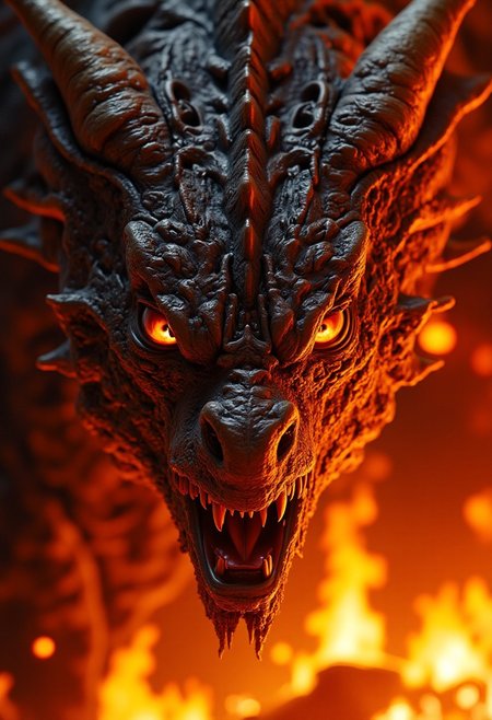 Detailed, masterpiece, professional, bold colors, octane render, photography, HDR, "Close-up of a highly detailed, realistic dragon's face. The dragon has rugged, textured scales with intricate patterns, sharp, gleaming eyes that reflect an intense, fiery glow, and a set of menacing, curved horns. Its nostrils flare as it breathes, with smoke curling out, and its mouth is slightly open, revealing sharp, jagged teeth. The background is filled with roaring flames, casting a fierce, fiery light onto the dragon's face, highlighting every scale and feature with a dramatic intensity. The overall atmosphere is powerful and fearsome."