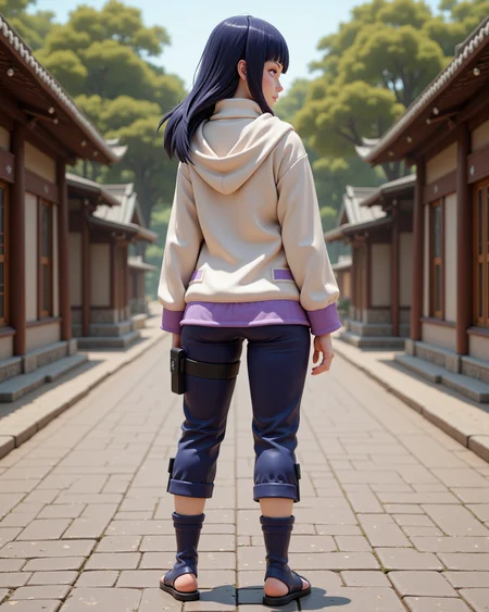 -looking at viewer, outdoors daylight, a 20 year old adult mature woman.
3d CGI Style,  back view photo of.
<lora:Naruto_-_Hinata_v2-000030:1> n-hinata, purple eyes, blunt bangs, black hair wearing cream hooded jacket with lavender accents, navy blue pants, blue ninja sandals, Konoha forehead protector
Upper Body view passport style