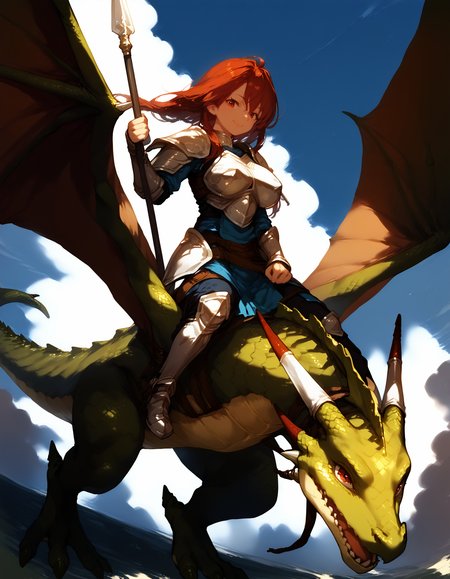 zPDXL3,<lora:Pony_DetailV2.0:1>,sky BREAK 1girl,1other,large breasts,
BREAK wyvern rider,dragon riding,dragon wings,knight,green dragon,polearm,holding polearm,holding weapon,flying,smile,breastplate,<lora:wyvern rider-pony-v3:0.9>,