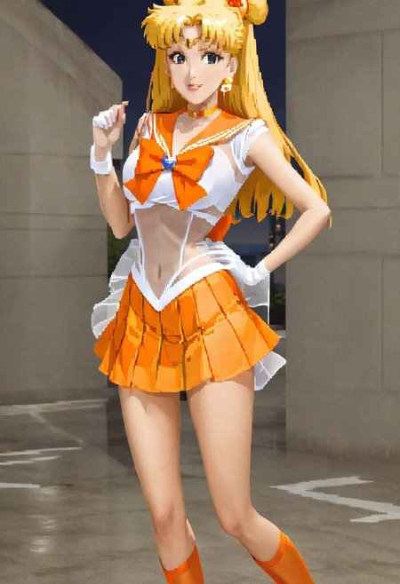 snes style, see-through, anime, cartoon, Sailor Venus, long blonde hair, sexy, sailor senshi uniform, orange skirt