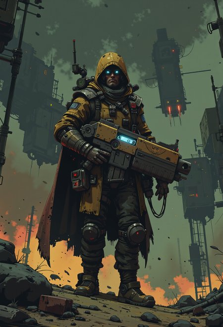 <lora:ck-nc-pastel-cyberpunk:0.9>, A digital artwork in the style of cknc, Set in a vast, desolate wasteland under a darkened sky streaked with toxic clouds, a lone Inquisitor holds his Mad-GDWN-BLTR steady in a tense standoff against towering Xenos invaders. The bolter, worn and battle-scarred, is modified with intricate wiring and arcane symbols, pulsing faintly as if alive. The Inquisitor, his armor a mixture of steel and leather, stares down his enemy with unyielding focus. His cloak, tattered and billowing in the wind, frames his rugged form. A glowing, holographic sight is fixed to the Mad-GDWN-BLTR, casting a pale blue light that illuminates his face. His stance is poised and ready, as though he’s waiting for the perfect moment to unleash a lethal volley. The environment is harsh, the ground covered in a mist of radioactive dust, giving the scene a foreboding, apocalyptic feel.
<lora:Luminous_Shadowscape:0.5> <lora:Bolter_Godwyn_FLUX:0.9>