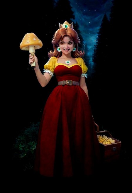 score_9,score_8_up,score_7_up,score_6_up,score_5_up,1girl, score_4_up,source_nintendo,daisy,princess_daisy,brown_hair, mario_(series),red_eyes,glowing eyes,shotgun made of clocks, long hair,slit pupils,(flower bracelets),(dark skin),curvy,frown, smile,clenching fists,tongue,grin,wide hips,thick thighs,thick legs,medium breasts,narrow waist,(tattoos:1.4),flower tattoo, forest,autumn forest,thorny vines,dirt road,wooden hut,gold shroom,yellow mushrooms,glowing mushrooms,night,stars (sparkles:1.4),sky,clouds,long skirt,yellow dress,white ribbon belt,holding umbrella,holding basket,(puffy shoulders),puffy red lips,(short sleeves),lacy skirt,very long skirt,gold earrings, hand sign,moonlight,shiny skin,dynamic pose,crystal yellow orbs,levitating yellow orbs,big mushrooms,(motion lines:1.4),(thick outlines:1.4),(trembling lines:1.4),sweat,destroyed stone bricks,jewelry,steam,steamy breath,wine bottle,salami,cheese, spoken food,(gun case),bullet belt,weapons,gold crown,tiara, masterpiece,best_quality,newest,absurdres,best shadow,light particles,highly detailed background,amazing quality,highly detailed_skin,very_detailed_clothes,power_lines,speed lines, emphasis_lines,very_aesthetic,dynamic_angle,high quality,4k, best shadows,Cheese style,dress made of cheese,<lora:add-detail-xl:1.5>