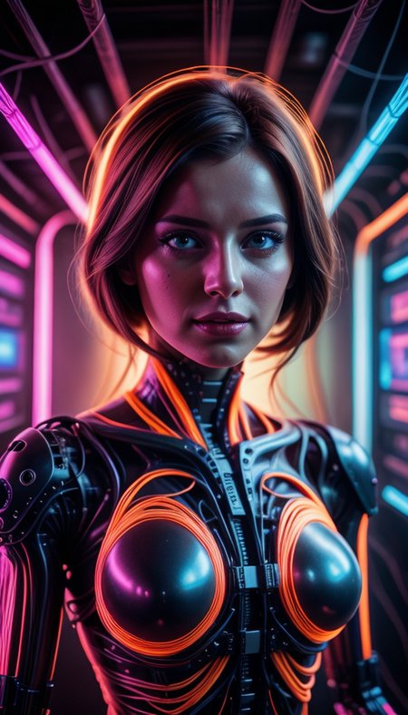 colorful chaos, vivid colors, striking visual design, <lora:add_detail:0.75>, <lora:sharpen-soften:-0.2>, <lora:stylesqueeze_v2:0.25>, <lora:realistic:0.25>,
1 girl, adult  woman, petit, hazel eyes, auburn half-up half-down hairstyle, portrait, solo, upper body, looking at viewer, detailed background, detailed face, (<lora:1970RetroFuturism:0.6>, 1970retrofuturism, 1970s theme:1.1), android, cyborg, mechanical limbs, mechanical eyes, wires,  advanced technology, dynamic pose, emotionless,  artificial intellgience, steel, digital implants, nanobots, electronics, gadgets, powered by electricity, holograms, particle effects, bright  lights, neon colors, cables in background, cinematic atmosphere, <lora:isobug:0.75> <lora:speedy1p5:1.15>