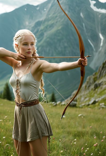 penet, (1girl), full body photograph of an 25 year old female girl, (nearly naked), side view, (cute, pure, innocent), in a battle field, holding a longbow, summertime, alpine meadow, mountains in distance, alpine peak, adorable cutie, pretty face, adorable, detailed face, freckles, (long curly pinkish white hair), long hair, (hair braids, braided hair, tied hair), (waist length hair), shiny hair, (pale skin), (Eurasian), (small breasts:1), curvy, muscular, wide hips, small waist, (full body visible, wide angle), (legs spread), film, grain, shot on 50mm lens at f/2.8 aperture, bokeh, Stable-Yogis-Rembrandt-lighting-1.5x, barbarian, green eyes, Aiming a Bow, Long bow,