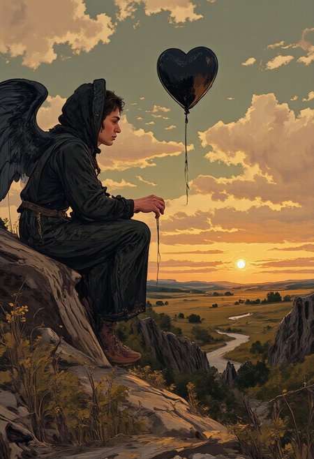A digital painting of a cloaked figure with large, dark wings sitting on a cliff overlooking a breathtaking sunset. The figure is holding a black heart-shaped balloon. The background contains a dramatic sunset with clouds. The lighting is warm and golden. The colors are muted and melancholic. The effects are soft focus. The texture is smooth and ethereal. <lora:FLUX-daubrez-DB4RZ:0.83> DB4RZ, DB4RZ style painting, <lora:ILLUSTRATION_2_FLUX v2:0.53> <lora:Fantastic Realism - s0_8 g4:0.43> f4nt4st1c,