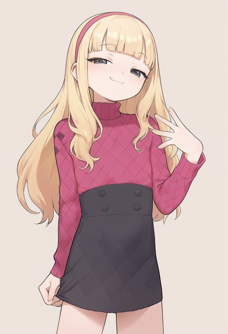 score_9, score_8_up, score_7_up, score_6_up, 
1girl, kendall perkins, blonde hair, blunt bangs, black eyes, long hair, pink hairband, argyle sweater, long sleeves, black skirt, perfect hands, smug, posing, flat chest, solo, simple background, half closed eyes, shrug