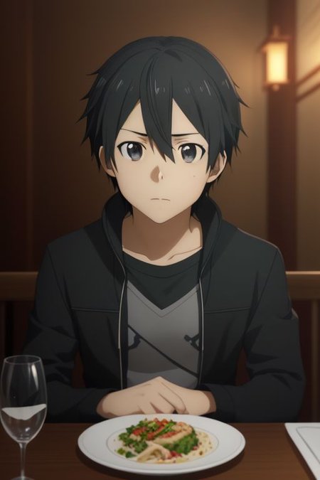 high resolution, solo, best quality, 1Boy, Kazuto Kirigaya, portraits, Black Hair, Black Eyes, dating, romantic, dinner, OverallDetail