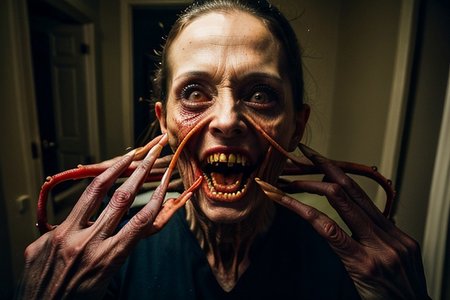 Photography, photorealistic, insanely real life detailed, 8k, highest resolution possible, sharp focus, taken with professional DSLR and lenses, cinematic, taken best skilled cinematographer, 
monster, horror \(haunted house\), Darkness,
Inside a haunted house, indoors,night,dark, creepy, scary,terrifying, haunted,
horror movie atmosphere, cinematic dark night time lighting and dramatic shadows,
Cinematically<lora:Reel_WHorror_1_2_9_ReWo_n:1> realistic horror scene of an indoors, 
humanoid, eyes,extra eyes,tentacles,horn,flesh,extra limbs
veins, multiple limbs, blood pool, teeth, rim lighting, pov, (8K, RAW photo, best quality:1.2, masterpiece:1.2), (realistic, photo-realistic:1.2), ultra-detailed,